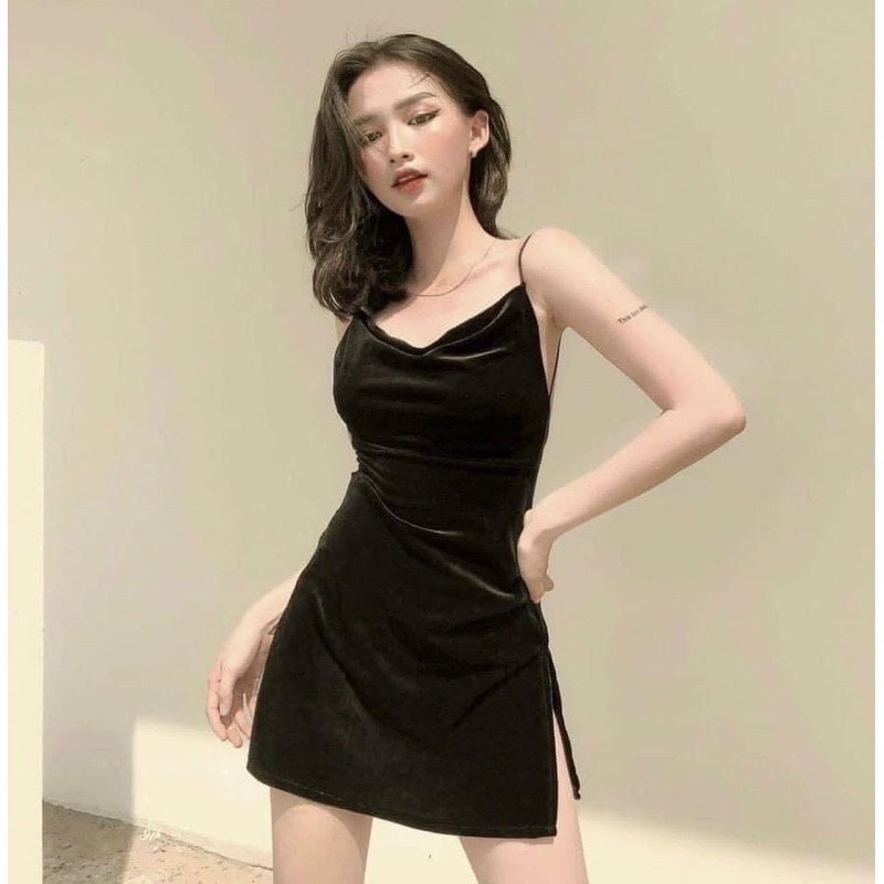 Đầm nhung cổ đổ hở lưng ôm body sexy, váy nhung cổ yếm 2 dây sợi bún cá tính d214