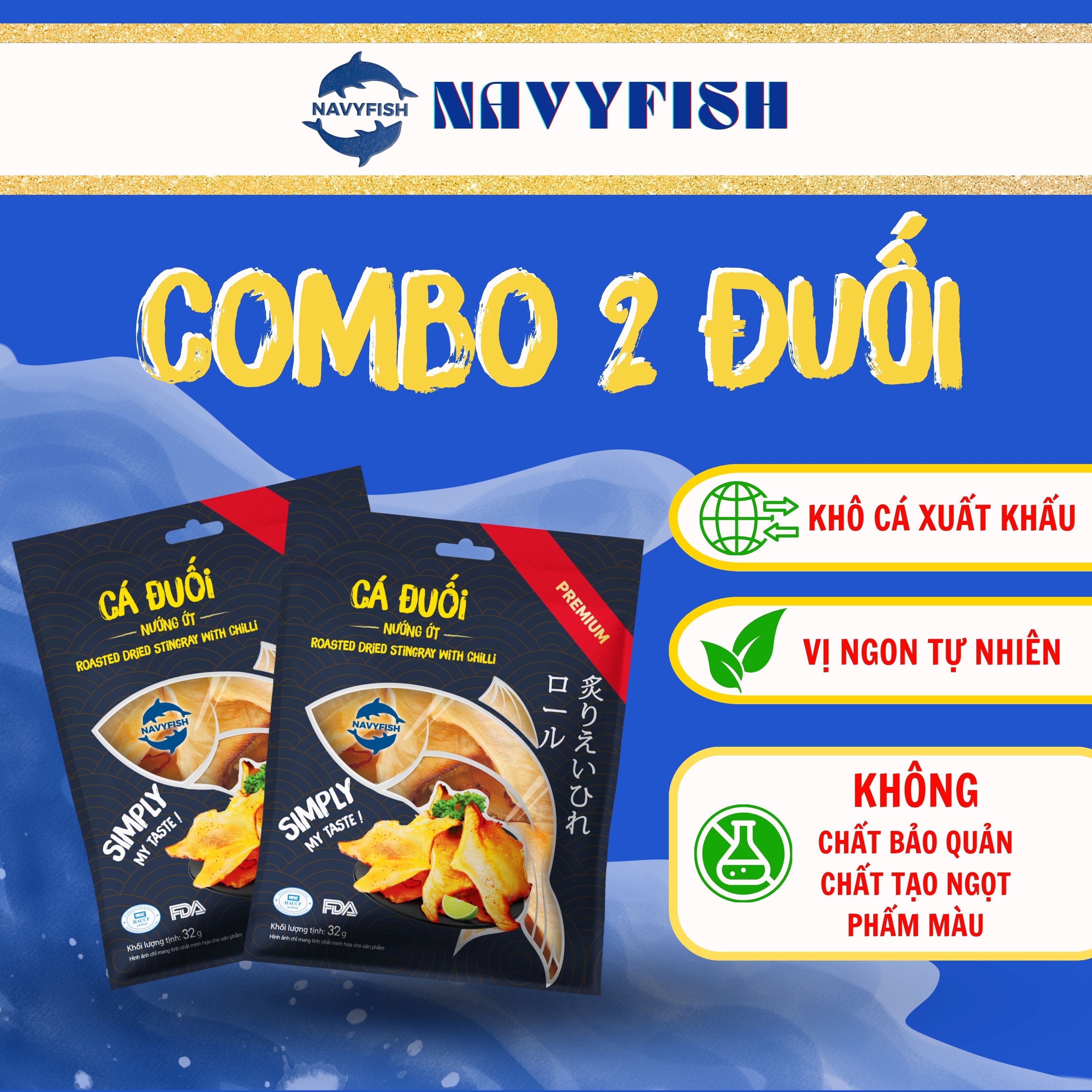 NAVYFISH Combo 2 gói Khô cá Đuối loại 1 nướng ớt cay tẩm vị ăn liền - ăn vặt, mồi nhậu, ăn với cơm