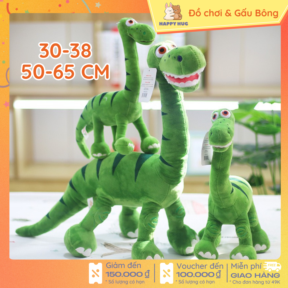 Thú bông khủng long xanh lá siêu đẹp, vỏ nhung mịn cao cấp - Gấu Bông Happy Hug