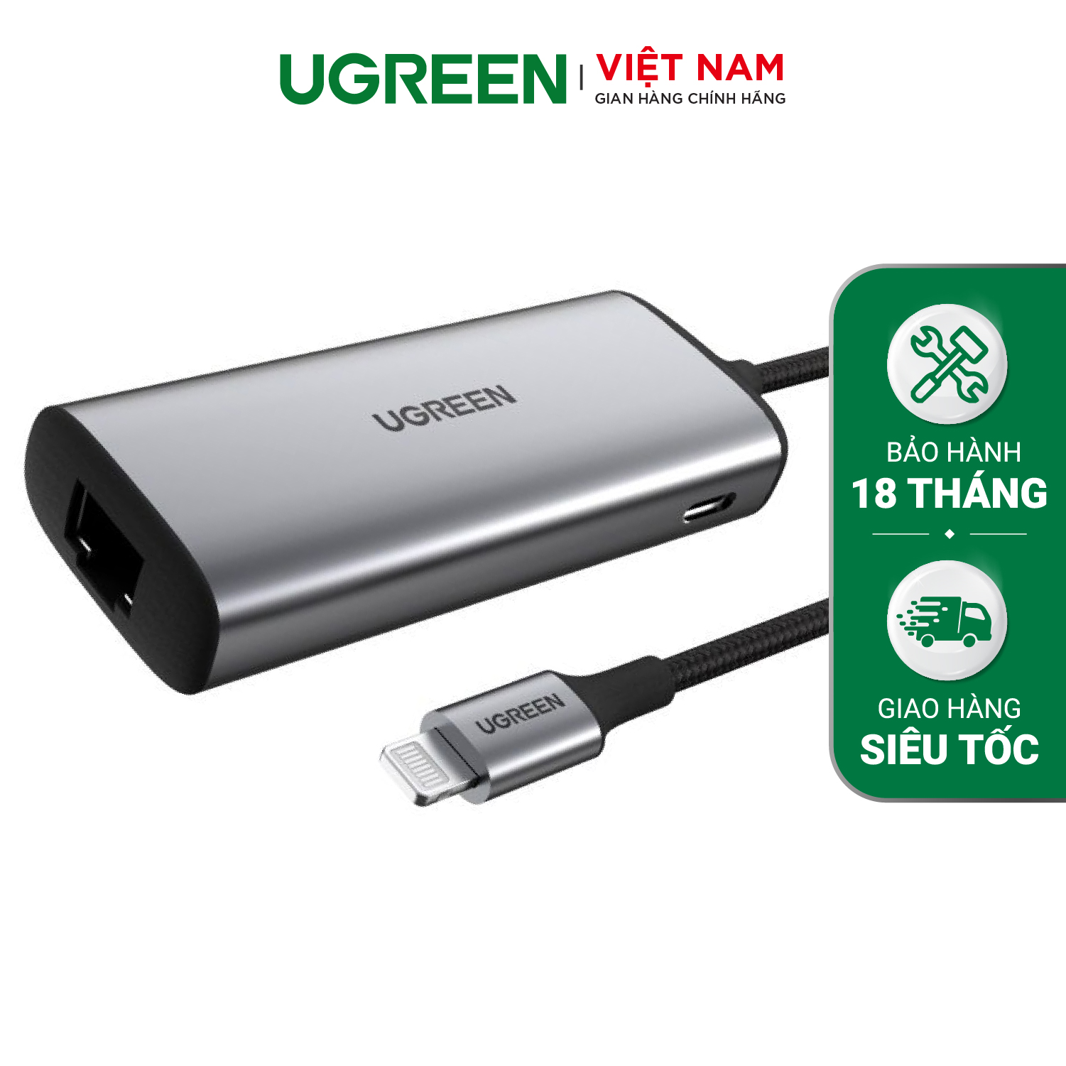 Cáp truyền tín hiệu mạng lightning sang lan ugreen 70958 tốc độ mạng 1000mbps chuẩn mfi