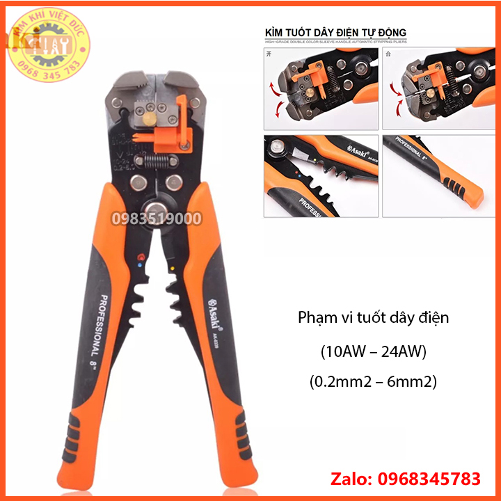 Kìm tuốt dây điện, bấm cos đa năng, tự động Asaki AK-0339 (10AW – 24AW) (0.2mm2 – 6mm2)