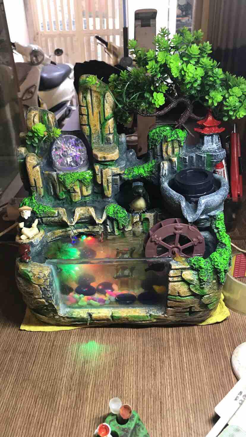Thác nước phong thuỷ tiểu cảnh non bộ bể cá mini để bàn + led + bơm