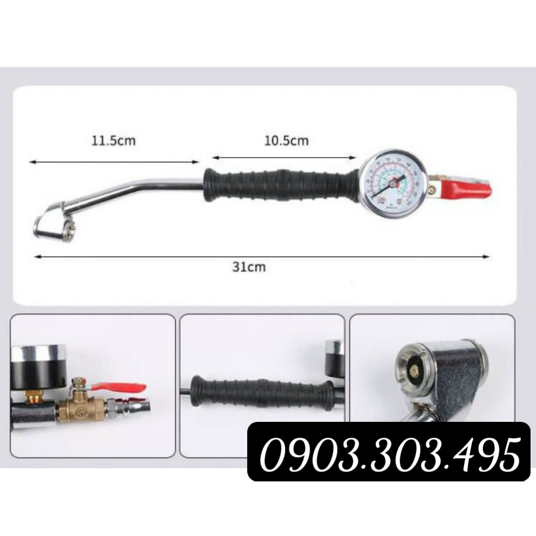 Tay bơm lốp 2 đầu - đồng hồ bơm lốp 2 đầu cong