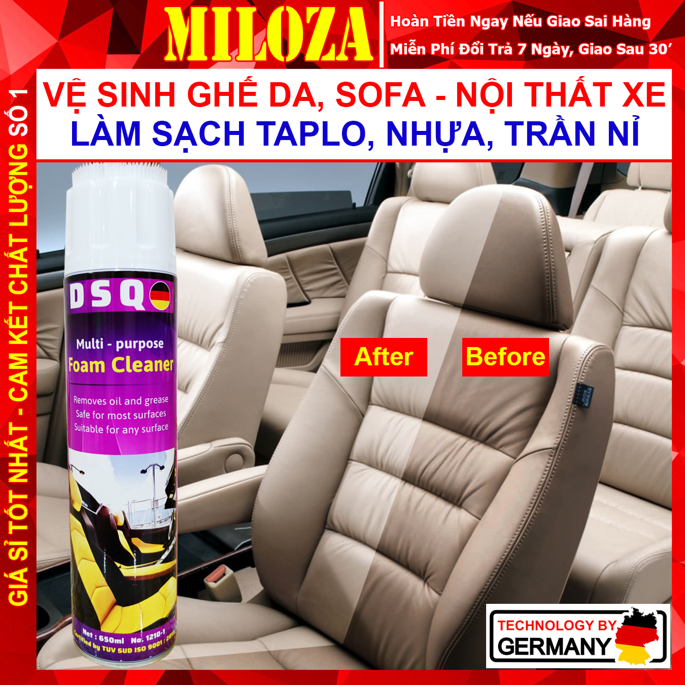 Chai Xịt Vệ Sinh Nội Thất Ô tô - Vệ Sinh Ghế Nỉ, Sofa - Tẩy Ghế Da, Vải Nhung, Nhựa Nhám, Nội Thất Xe Hơi - DSQ Foam Cleaner - MILOZA
