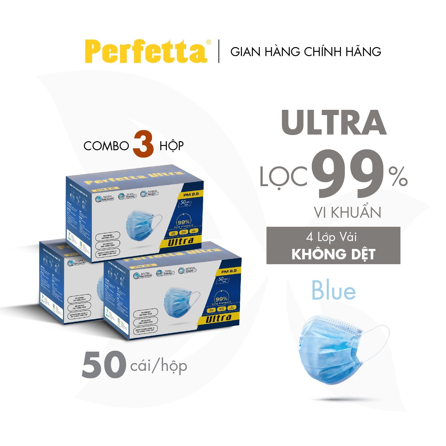 Combo 3 hộp khẩu trang y tế 4 lớp perfetta ultra xuất khẩu