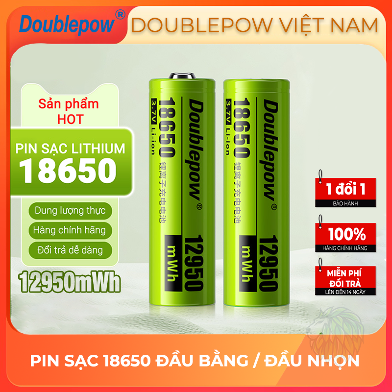 Pin sạc Lithium 18650 - 12950mWh đầu nhọn/ đầu bằng Doublepow, pin dung lượng thực, dung lượng cao dòng xả cao cho pin xe điện, máy khoan, nguồn dự phòng, thiế bị y tế, quạt cầm tay, loa Bluetooth