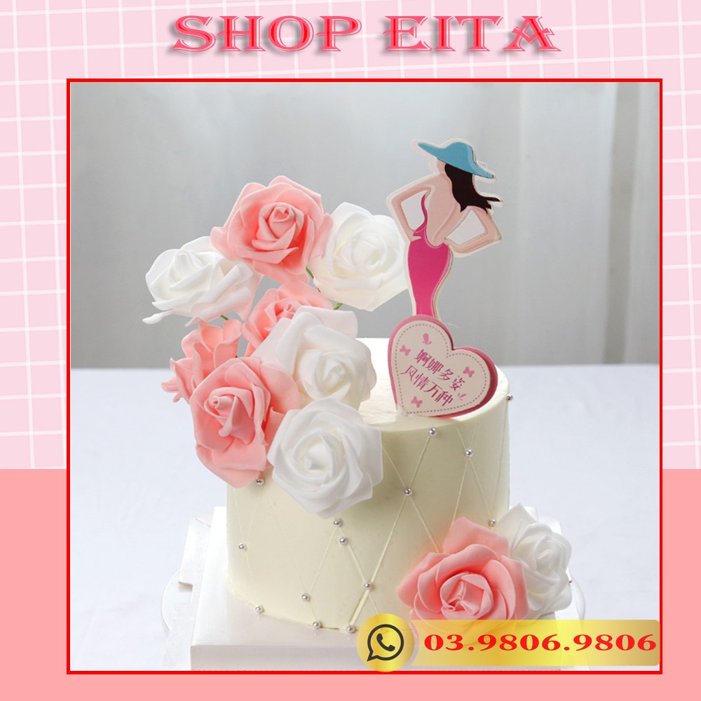 Set Cô gái giấy, váy vải đính đá trang trí bánh kem, trang trí bánh sinh nhật