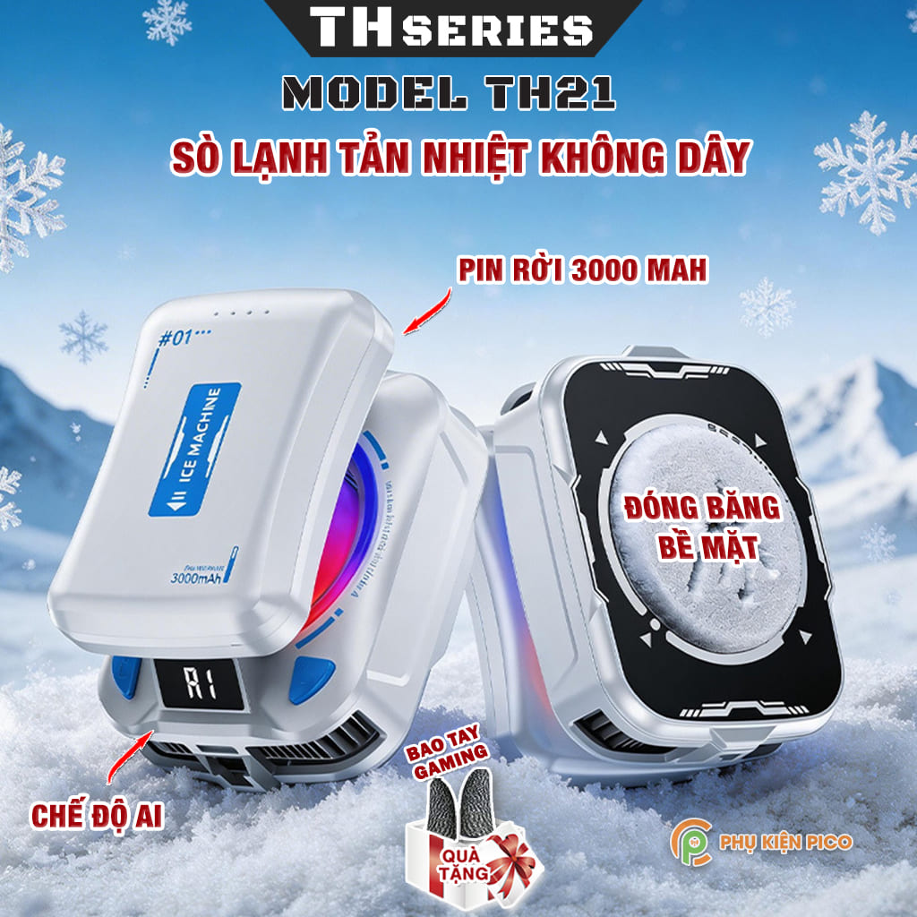 Quạt sò lạnh tản nhiệt điện thoại không dây TH21 pin rời 3000mAh AI kiểm soát nhiệt thông minh Led RGB đóng băng full mặt
