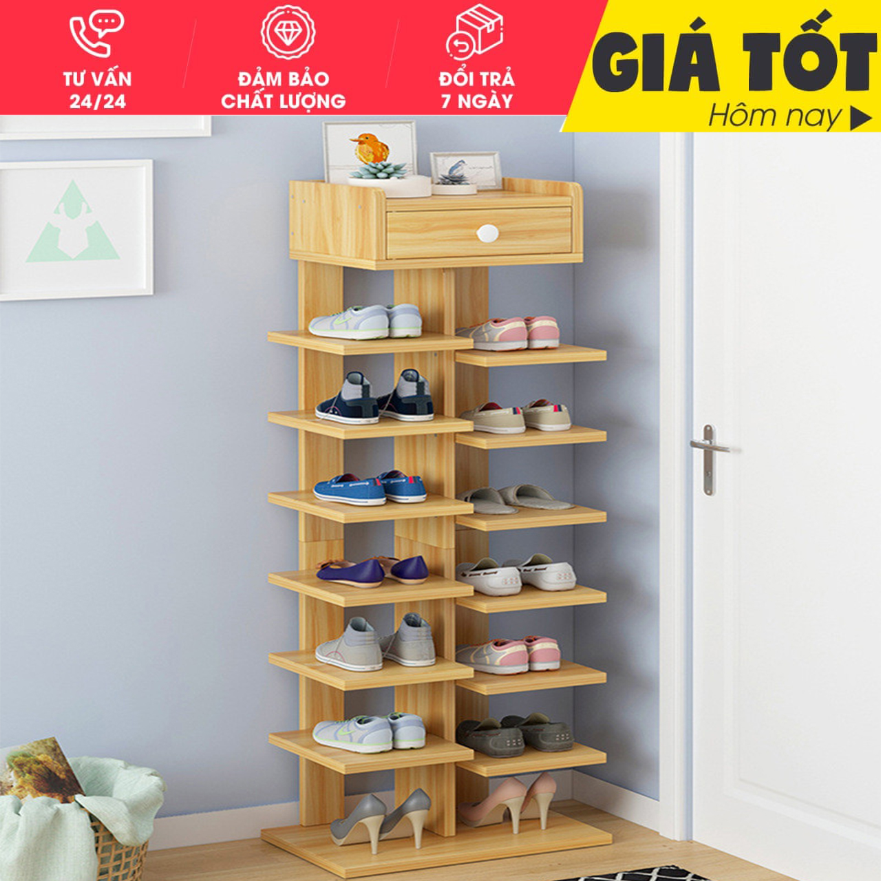 (HÀNG VNXK) Kệ giày gỗ 6 tầng - Kệ để giày dép gỗ- Có ngăn tủ phụ - Giá để giày, Kệ Giày, Kệ giầy dép - Tủ giày gỗ 6 tầng mẫu mới - HỖ TRỢ ĐỔI TRẢ 7 NGÀY