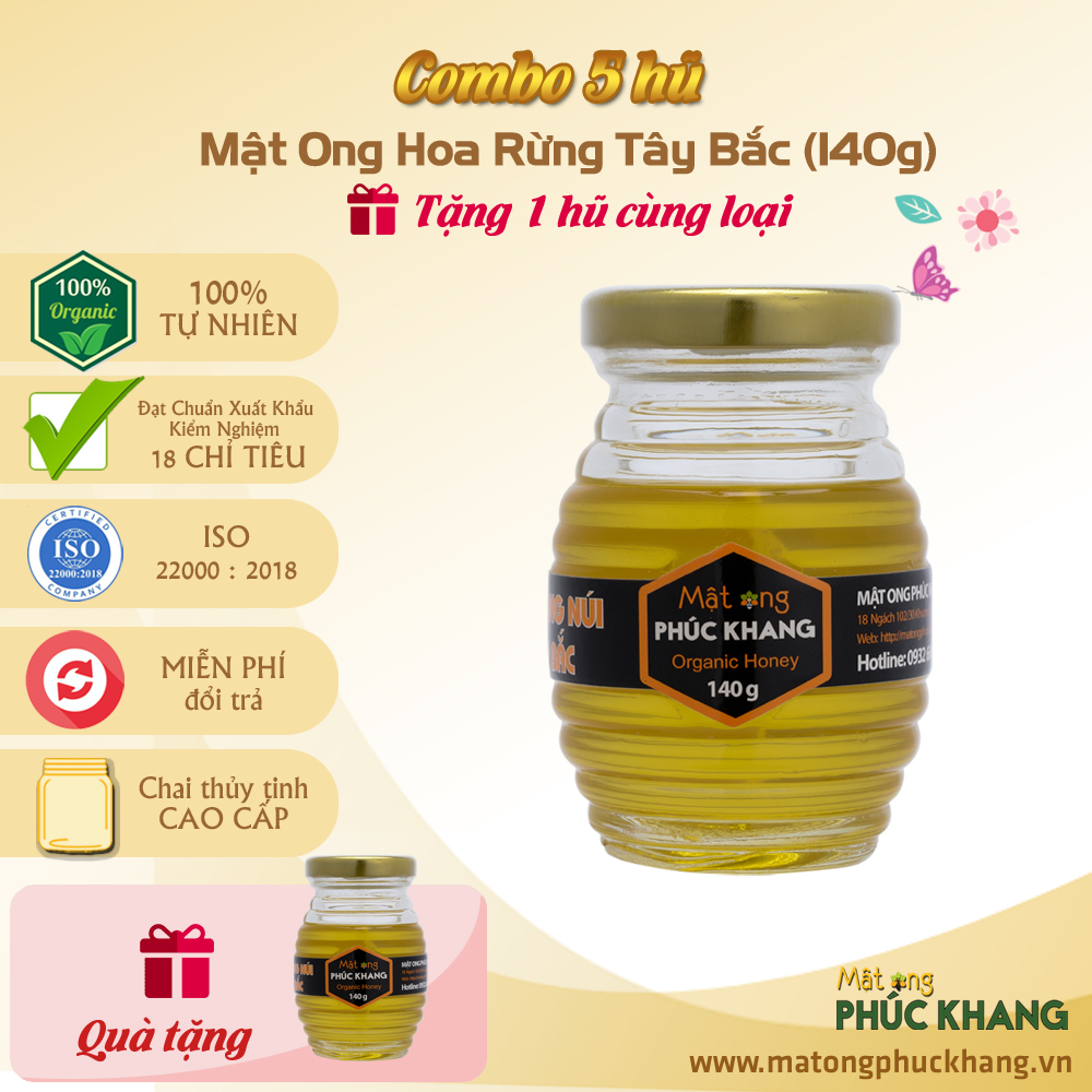 Mật ong rừng tây bắc Phúc Khang 140G - Combo 5 Hũ thủy tinh cao cấp - - ISO 22000  - Không kháng sinh - không nhiễm kim loại nặng - an toàn với người già và trẻ nhỏ - Món quà ý nghĩa tặng bạn bè , người thân