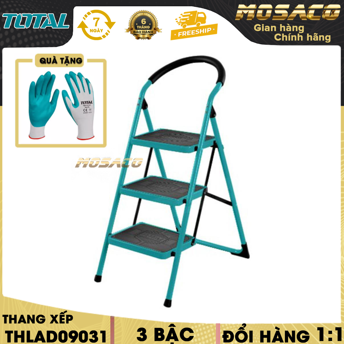 Thang xếp total thlad09031 chất liệu bằng thép, có từ 3 đến 6 bậc thang. thang gấp gọn, kích thước mỗi bậc thang 380x260mm, kích thước khi mở thang 665x490x1065mm, khả năng tải 150 kg tuổi thọ cao bảo hành 6 tháng- mosaco