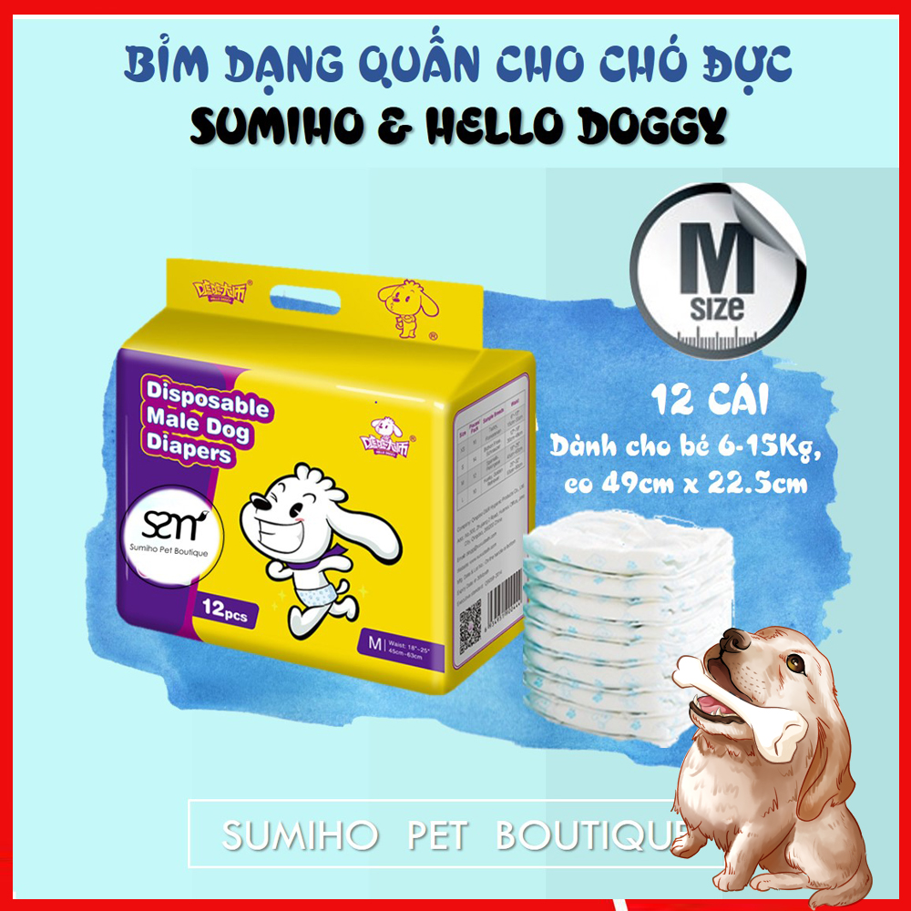 [Hoàn tiền 6%] Bỉm quần cho chó mèo đực Sumiho size M (12 cái) dành cho chó 6-15Kg, eo 49cm x 22.5cm