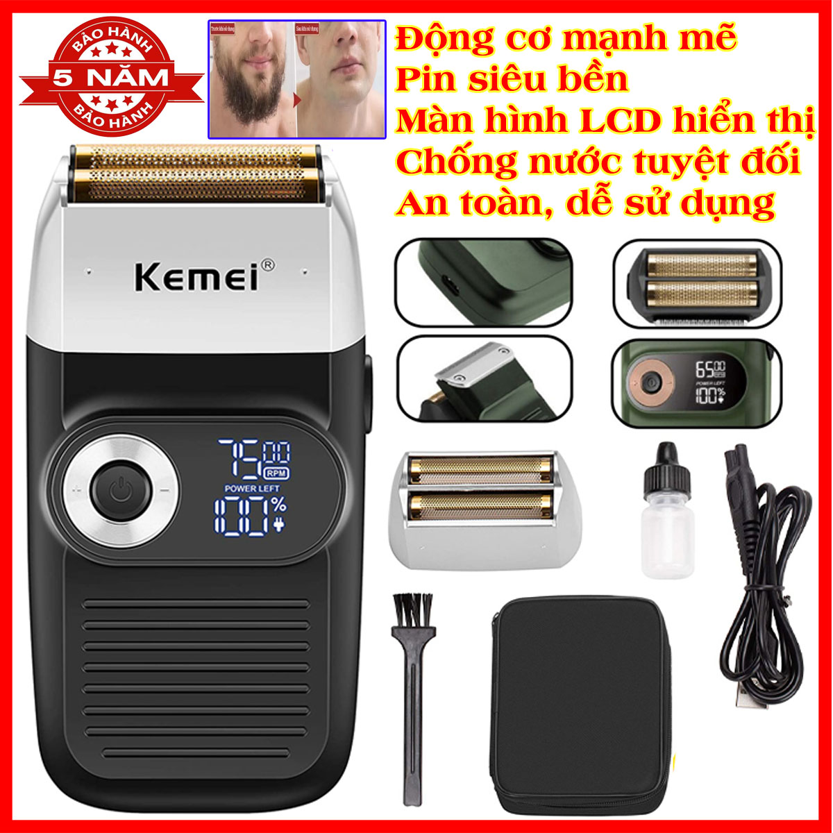 Máy Cạo Râu Kemei 2026, Máy Cạo Râu Đa Năng, Tông Đơ Cạo Râu Cắt Tóc, Máy Cạo Râu Khô Chống Thấm Nước Tuyệt Đối