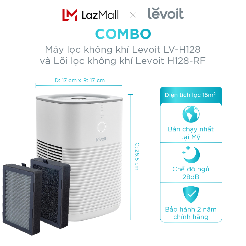 Máy lọc không khí - combo máy lọc không khí levoit lv-h128 15m2 bộ lọc hepa và lõi lọc không khí kháng khuẩn levoit h128-rf lọc bụi mịn - kháng khuẩn - báo hiệu khi phải thay lõi lọc