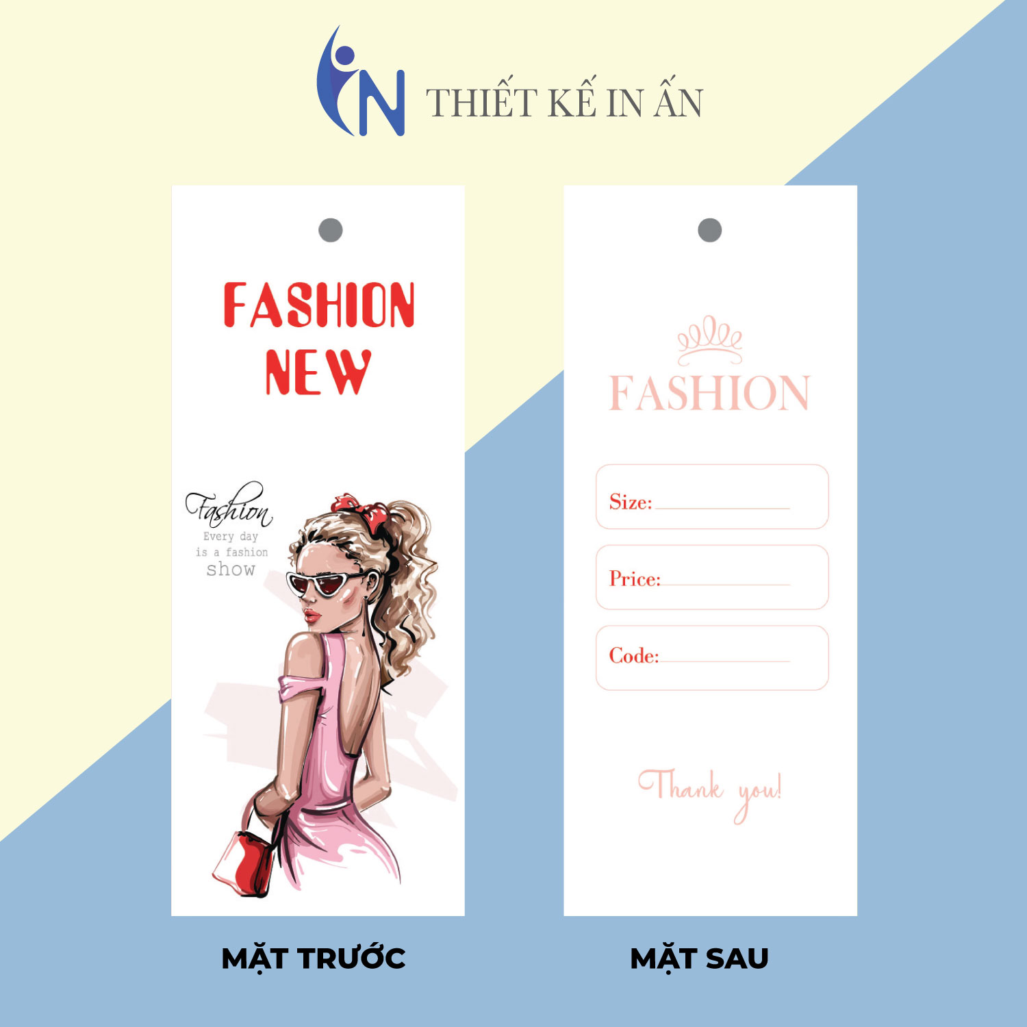[HCM]Mác quần áo Tag nhãn quần áo  IN GIÁ RẺ cho shop bán hàng quần áo thời trang bìa cứng cán màng chất lượng cao - Gói 100 bộ - size 3.6x9cm