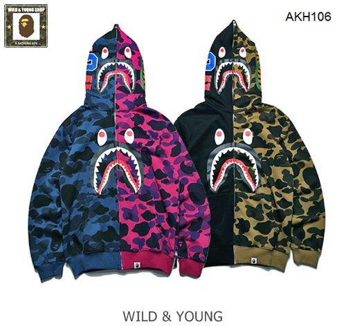 Áo Hoodie Nam Nữ, Khoác Bape Shark Cá Mập Camo 2 Nửa 2 Màu trong bộ sưu tập hoodie Unisex áo hoodie cá mập thời trang hiphop Street Style Hàng Cao cấp