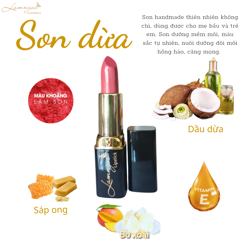 Son dừa handmade Lam Ngọc - son thiên nhiên không chì dùng được cho mẹ bầu và trẻ em, mềm môi, giảm khô nứt, màu sắc tự nhiên - Gami Home