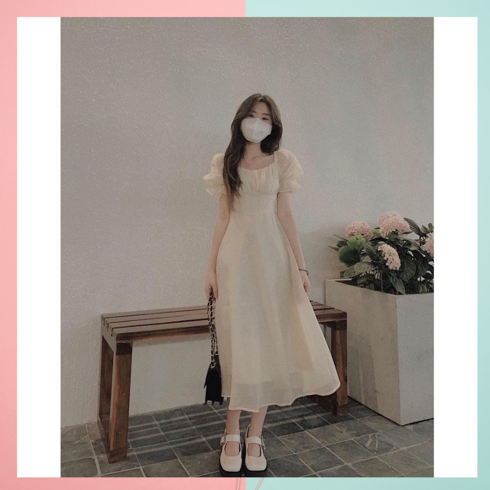 Đầm dự tiệc sang trọng cổ vuông tay phồng váy babydoll tiểu thư sang chảnh