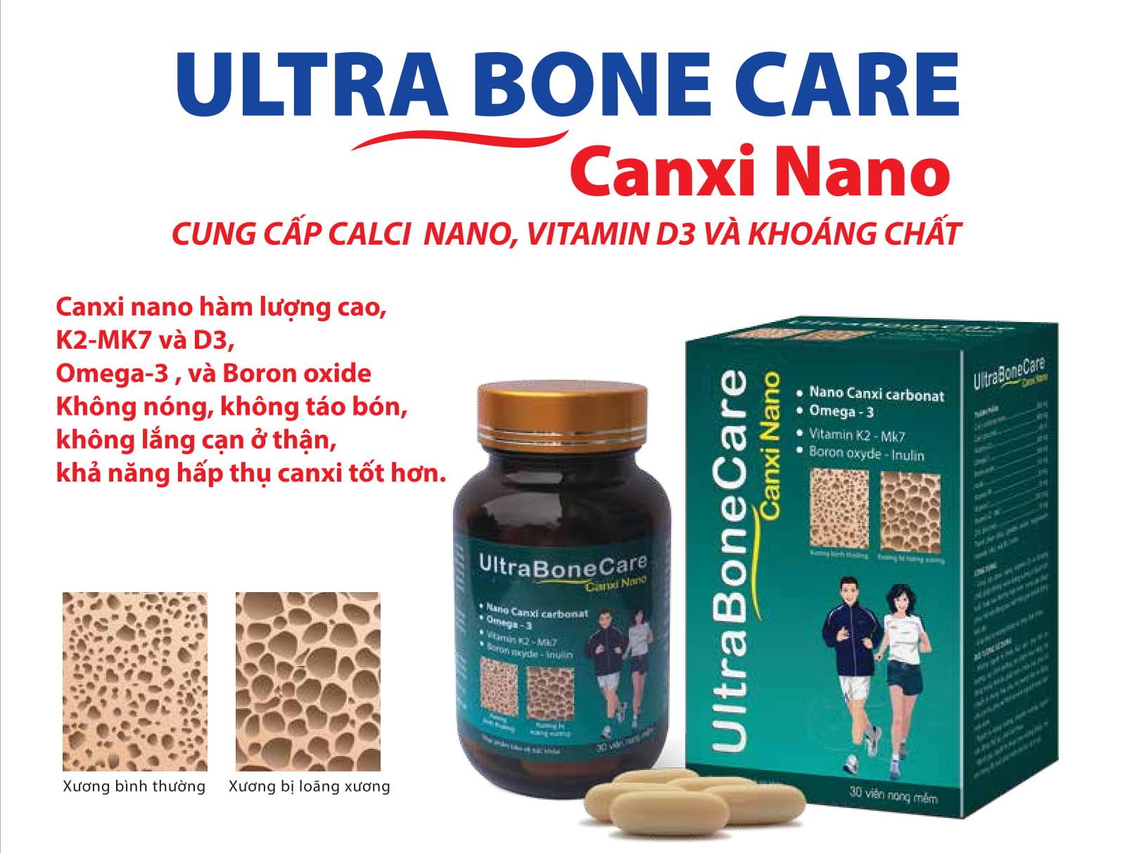 Viên Uống Bổ Sung Canxi Nano Ultrabone Care - Khỏi Lo Chuột Rút Tê Bì Chân Tay - Không Nóng, Không Gây Táo Bón - Bổ Sung Canxi, D3, Vitamin K2 (Mk7) - Lọ 30 Viên