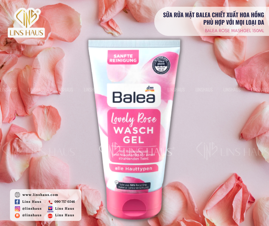 Sữa rửa mặt Balea Lovely Rose Waschgel chiết xuất hoa hồng phù hợp với mọi loại da 150 ml LinsHaus