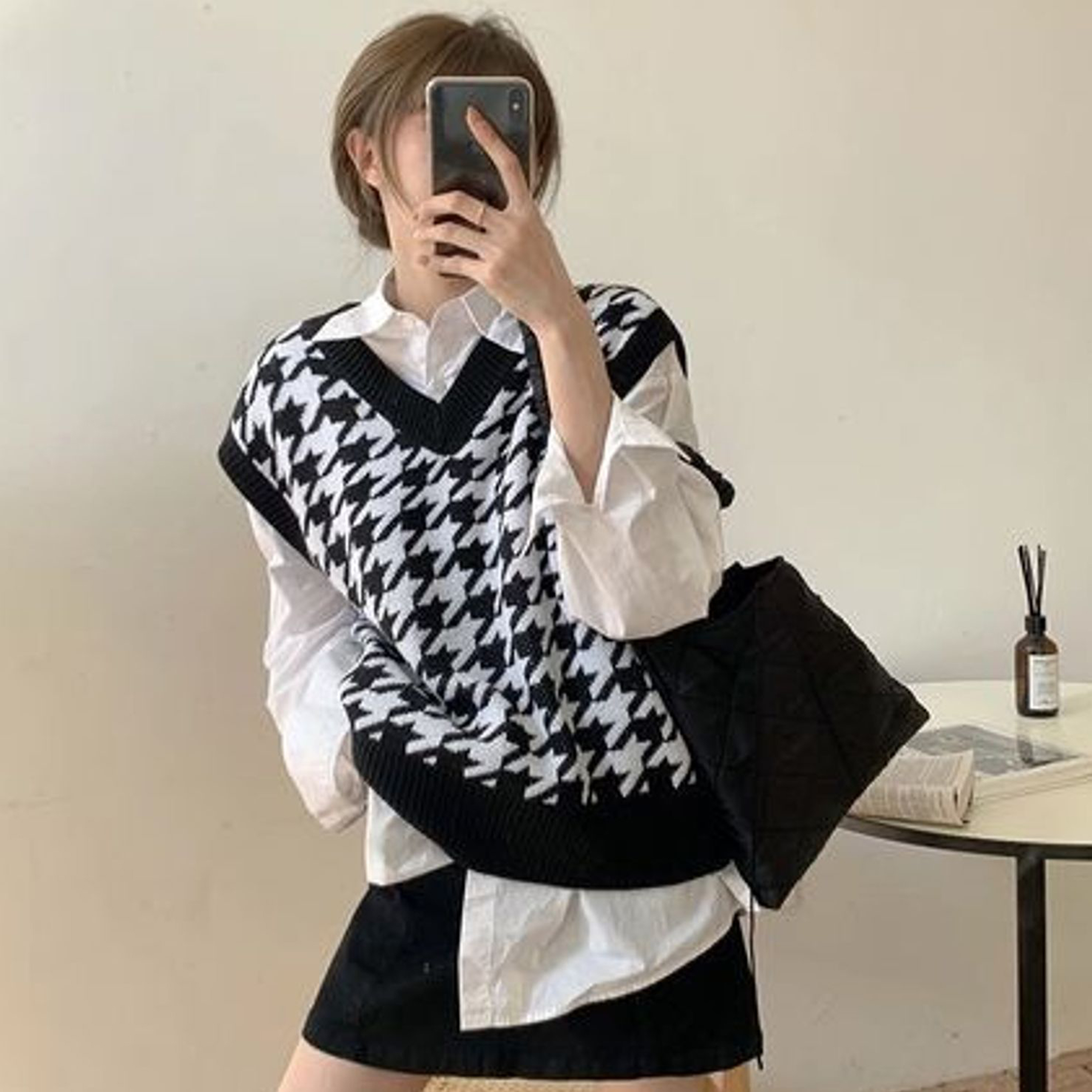 Áo gile nữ chất len dày họa tiết ziczac phối đen trắng - Len07