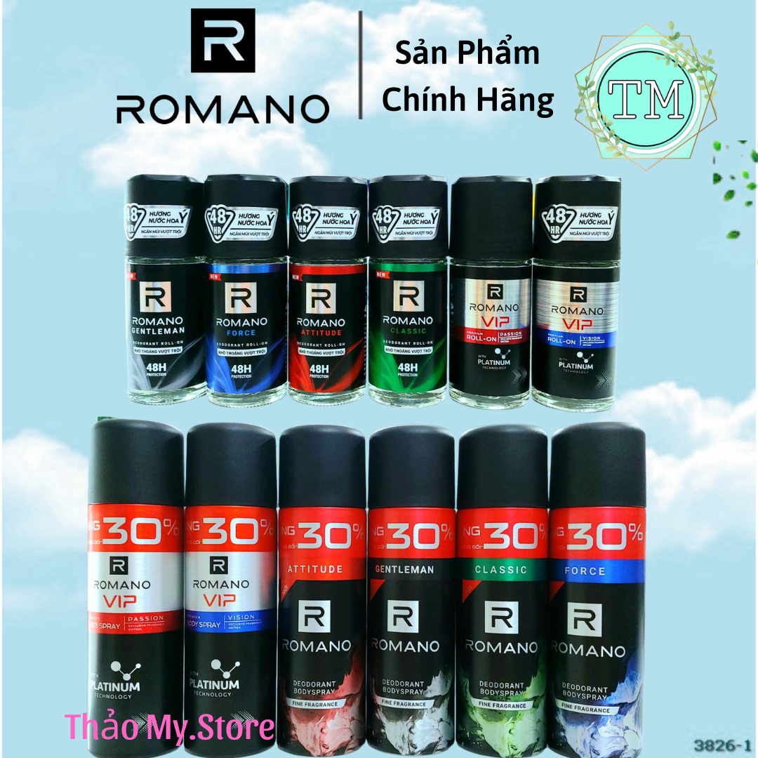 Romano - xịt & lăn khử mùi hương nước hoa 195 ml - 150 ml - 50 ml
