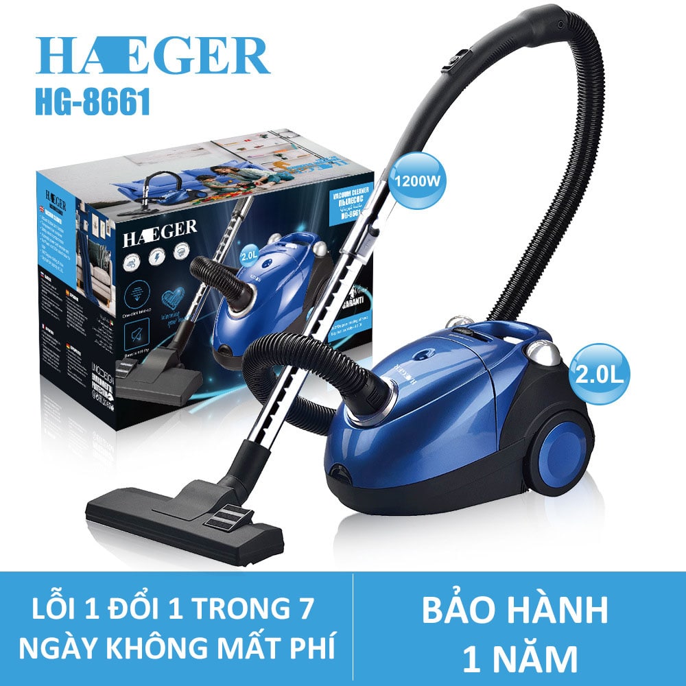 Máy hút bụi cầm tay,máy hút bụi gia đình Haeger RAF 8661- Công suất  lớn 1200W, thiết kế hiện đại và gọn nhẹ + Tặng kèm bộ phụ kiện cao cấp - BẢO HÀNH 12 THÁNG