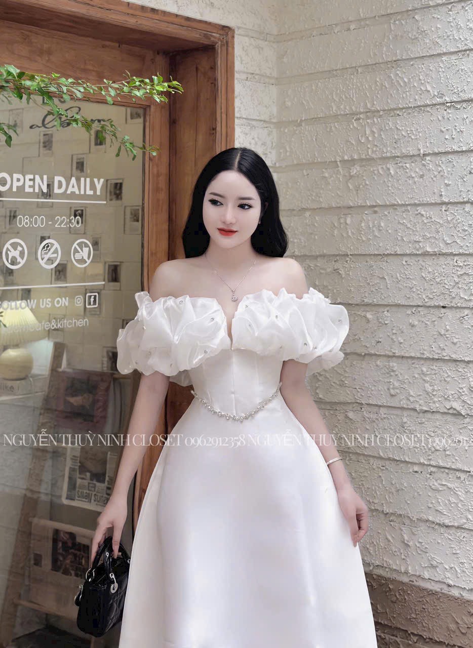 Đầm đi tiệc cưới sang chảnh trễ vai phồng đính đá, váy xòe bồng bềnh ôm eo hang cao câos bán shop chất tapta