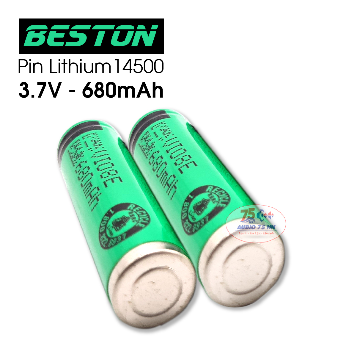 02 viên pin sạc 14500 lithium 3.7V 680mAh Beston, Pin sạc AA 3,7V dùng cho đèn pin, Dung lượng thật 680mAh