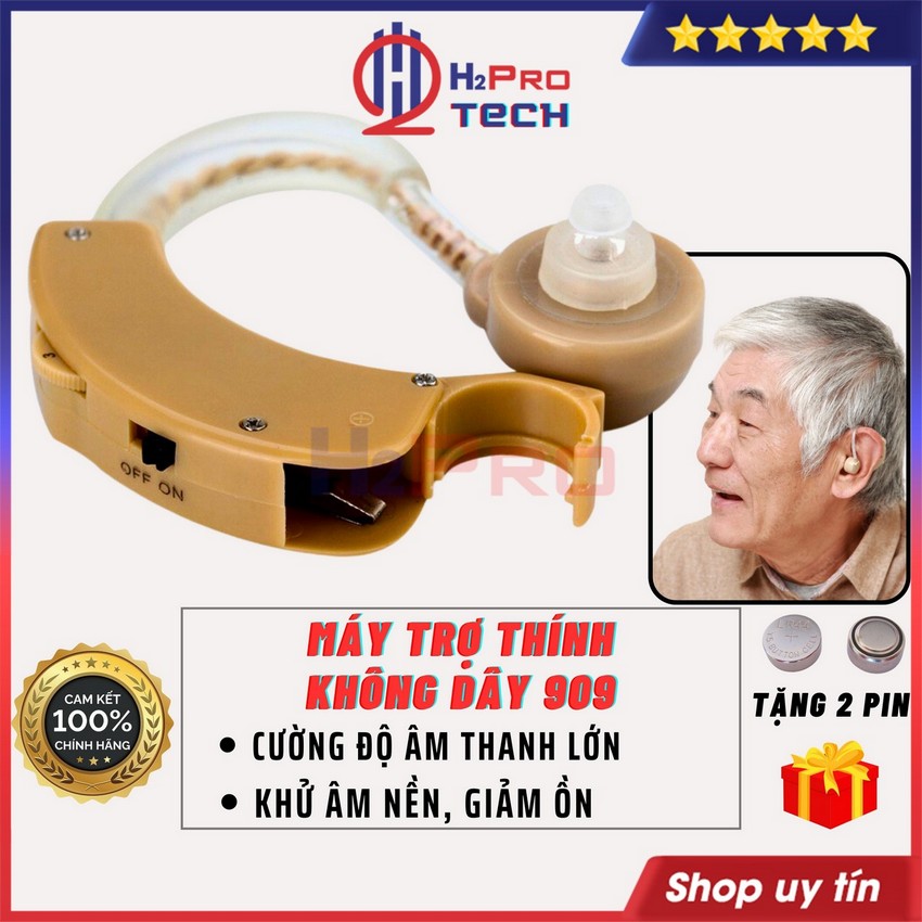 Máy trợ thính không dây 909 cho người già, người điếc đeo vành tai cao cấp, tiếng rõ lọc ồn, tặng 2 pin-h2pro tech