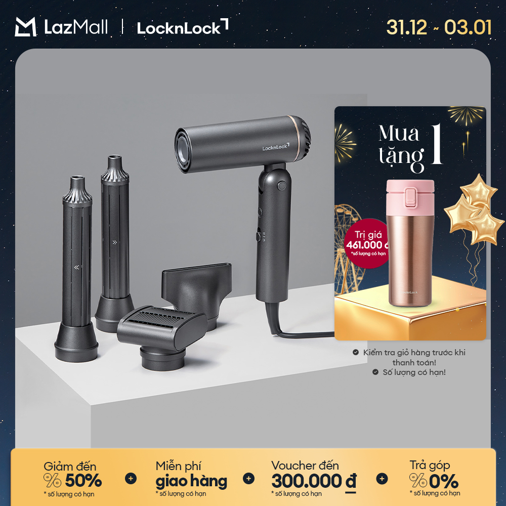  Máy sấy tạo kiểu tóc gấp gọn LocknLock Foldable hair styling dryer ENA626GRY Màu xám công suất 1300W công nghệ ion âm 