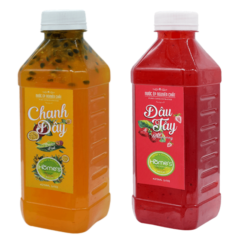Combo 2 chai nước cốt dâu tây và nước cốt chanh dây Đà Lạt Ngọc Thảo siro syrup mỗi chai 425ml