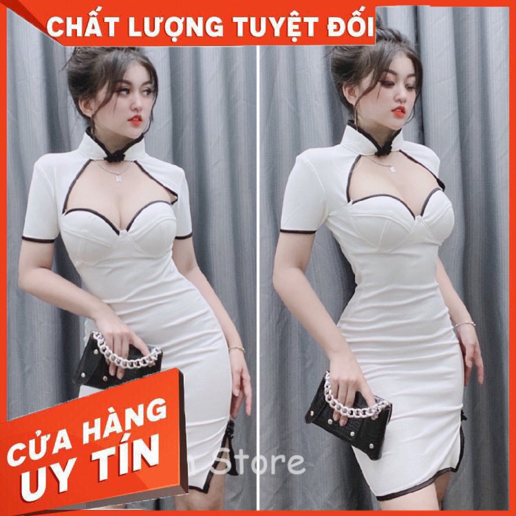 Đầm body sườn xám cúp ngực cổ tàu trắng, khoét hở ngực, xẻ tà sexy- DN7175