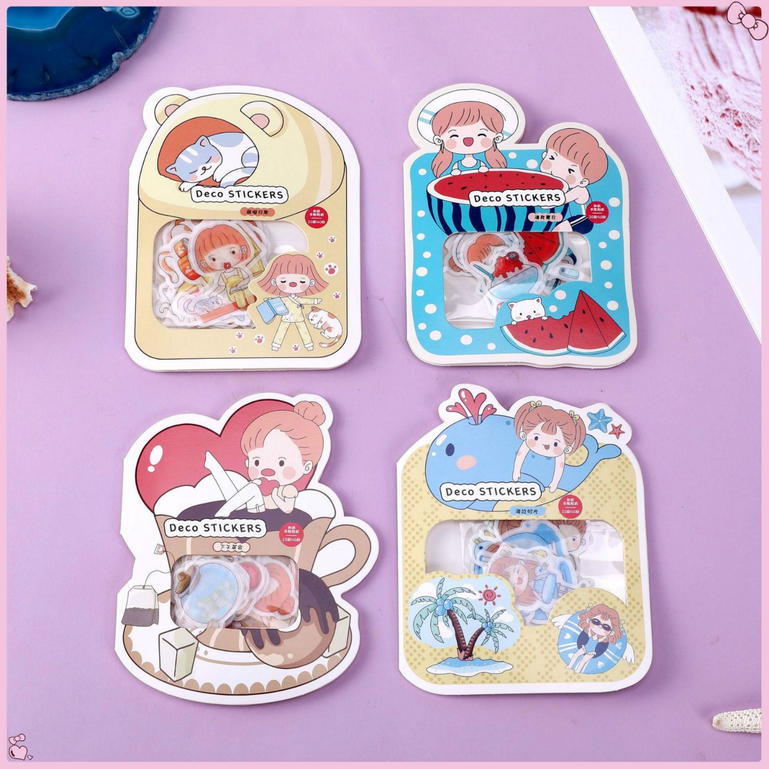 Set 40 miếng sticker hoạt hình cô gái nhỏ xinh xắn trang trí sổ tay, 12 mẫu đồ chơi hình dán đáng yêu, Túi hình dán siêu cute