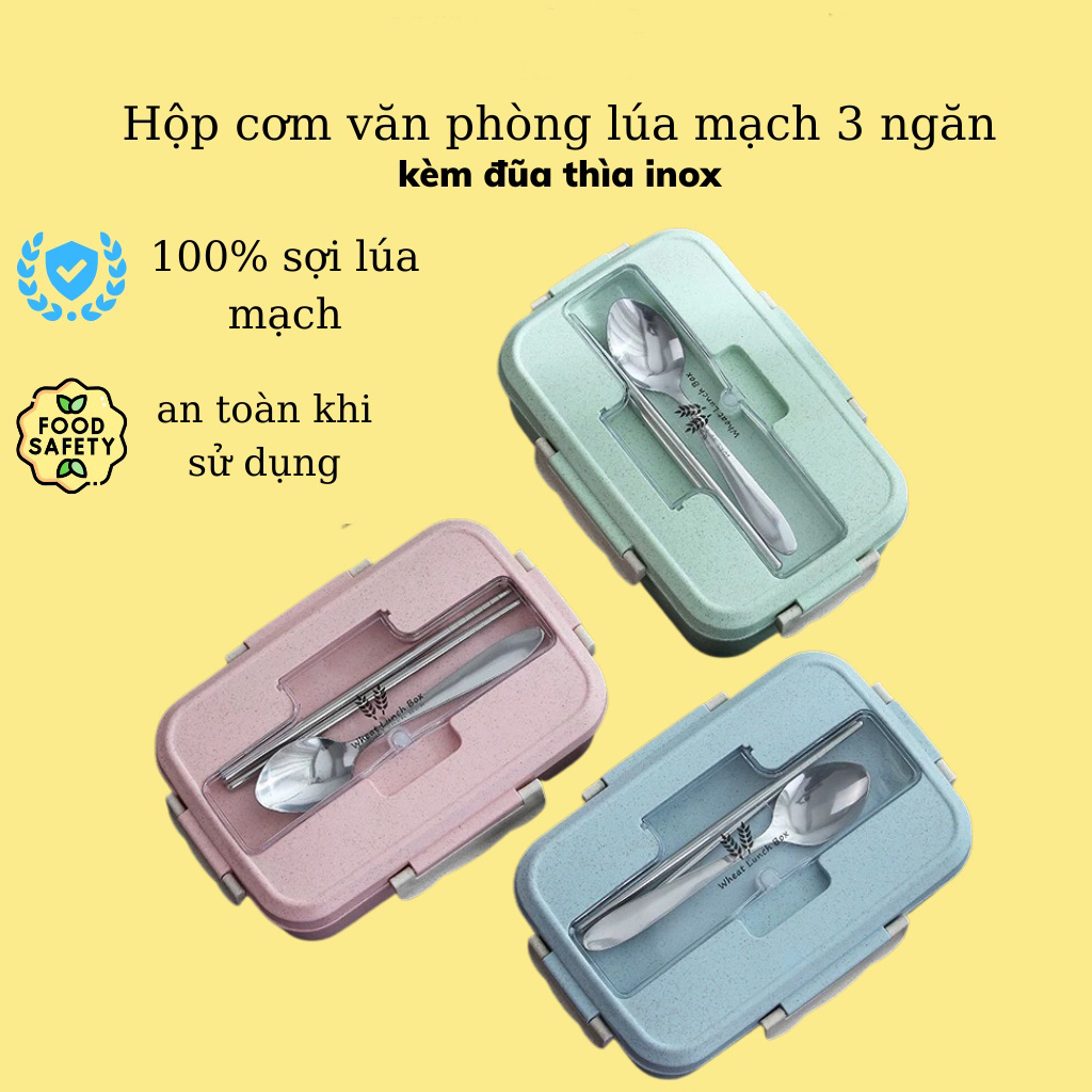 Hộp Cơm Văn Phòng 3 Ngăn Kèm đũa Thìa Inox, Hộp Cơm 3 Ngăn, Hộp đựng Cơm Lua Mạch 3 Ngăn, Hộp Cơm Kèm đũa Thìa, Hộp Đựng Cơm Ăn Trưa Văn Phòng 3 Ngăn Loại 1 - Nhựa/Lúa Mạch- Kèm Đũa Thìa - Sử Dụng Lò Vi Sóng