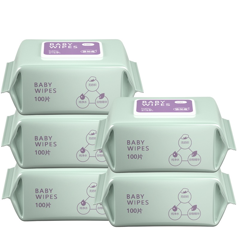 Set 5 gói Khăn ướt cho bé Khăn giấy ướt không mùi không cồn Baby Wipes, Gói 100 tờ khăn ướt có nắp, an toàn cho bé