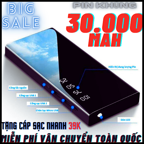 [GIÁ SỈ-TẶNG CÁP SẠC NHANH 39K ] PIN TRÂU 30000MAH -  PIN SẠC DỰ PHÒNG CAO CẤP THIẾT KẾ MÀN HÌNH GƯƠNG CỰC SANG TRỌNG - 2 CỔNG SẠC NHANH + ĐÈN LED SIÊU SÁNG TẦM NHÌN TỐT - SẠC DỰ PHÒNG AN TOÀN CHO MỌI DÒNG ĐIỆN THOẠI