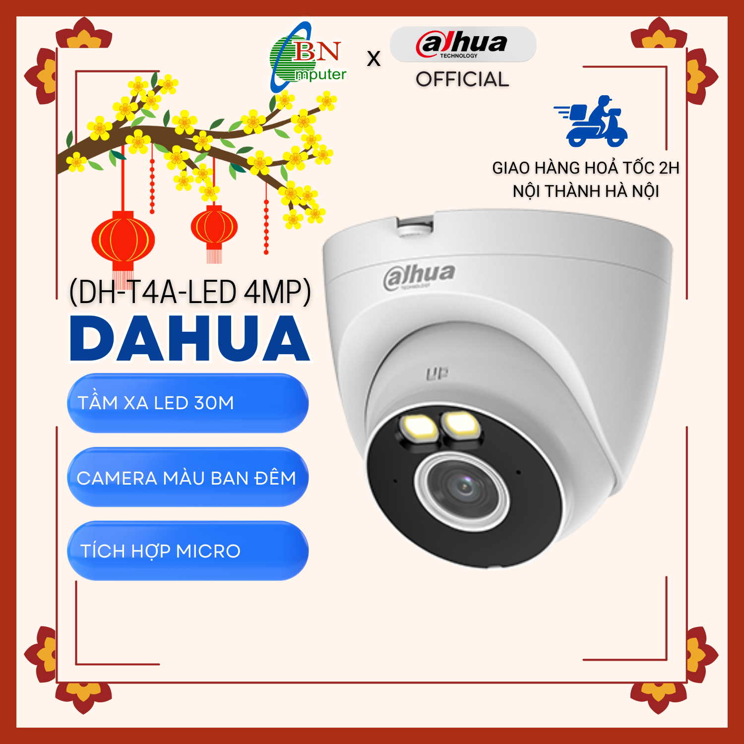 Camera ip wifi dahua dh-t4a-led 4mp, tích hợp micro, có màu ban đêm, bảo hành 24 tháng