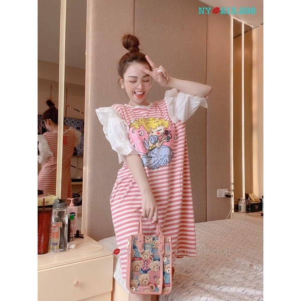 Váy suông sọc in hình tay bèo năng động dễ thương - Unisex Shop