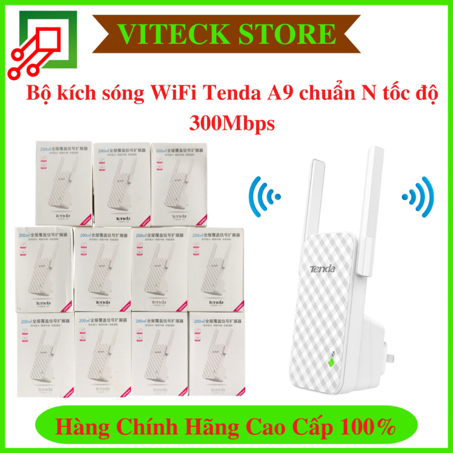 Bộ mở rộng sóng - Bộ kích sóng Wifi Repeater Tenda A9 chuẩn N 300Mbps - Hàng Chính Hãng