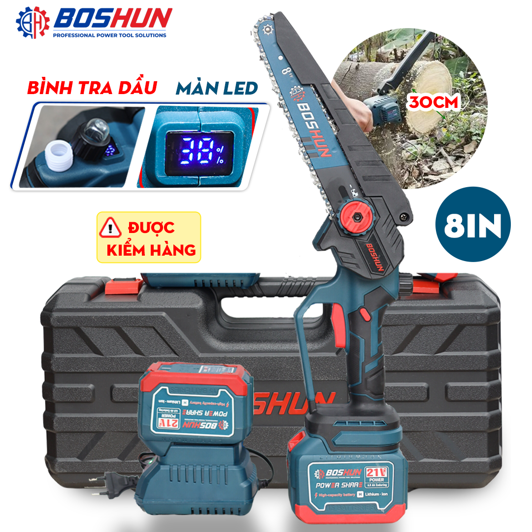 [KHÔNG CHỔI THAN] Máy Cưa Xích Pin BOSHUN BS-CS08 - 100% Lõi Đồng - Chính Hãng - Chân Pin Phổ Thông Makita - Cưa Gỗ, Cắt Cây, Tỉa Cành, ....