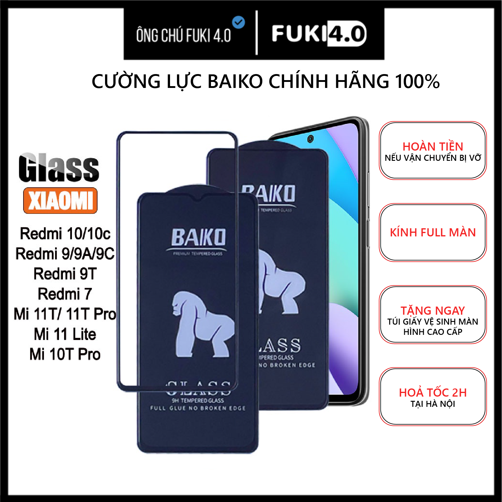 Kính cường lực baiko xiaomi redmi 10 10c 10a 10x redmi 9 9a 9c 9t redmi 7 mi 11t mi 12t chính hãng full màn