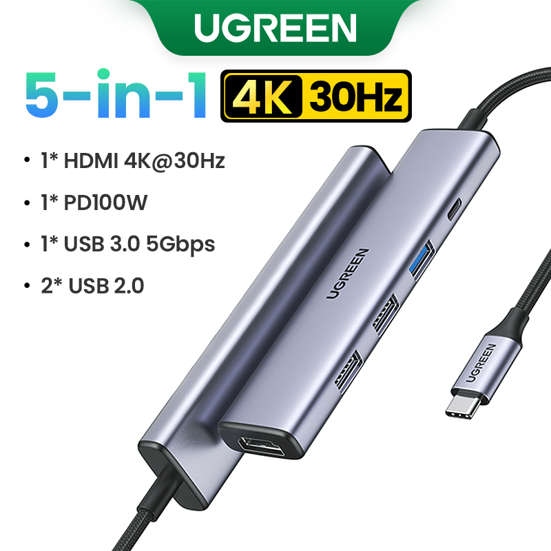 UGREEN HUB USB C 5 Kết Nối | Kết nối HDMI 4K@30Hz | Nạp Điện PD 100W | Hỗ trợ SAMSUNG S24/S23/S22/S21, MacBook, iPad Pro/Air, Huawei | Cổng USB 3.0, SD/TF Card Reader | Model:15495