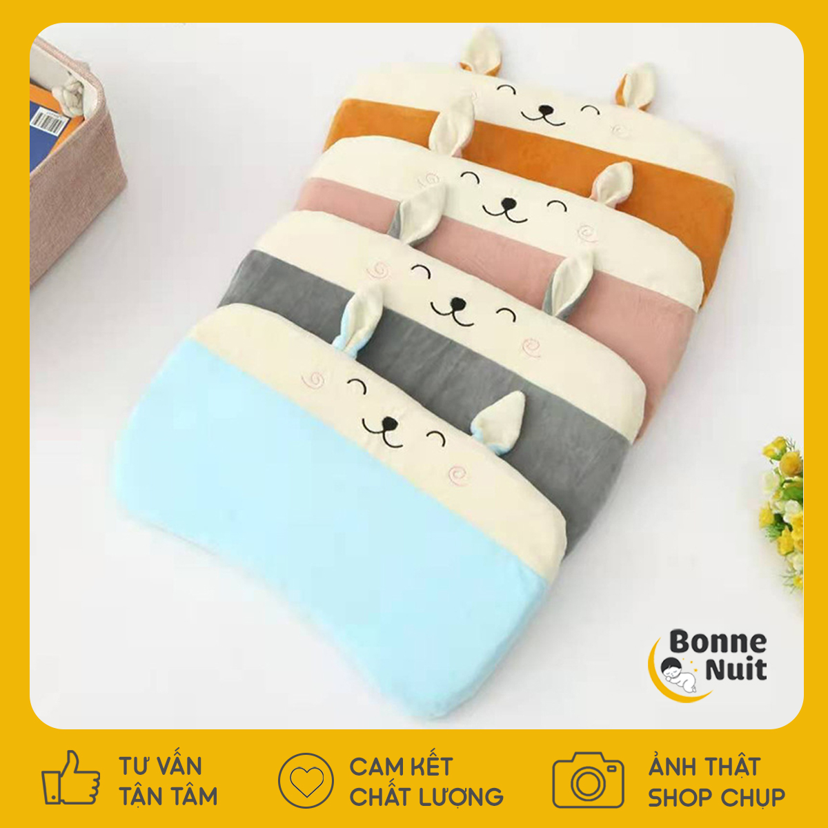 Gối cao su non tai thỏ chống bẹp đầu cho bé