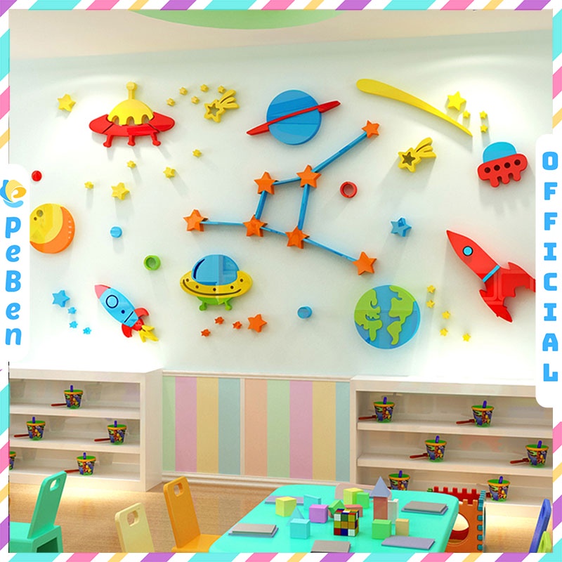 Tranh mica EPeBen dán tường nổi 3d hình phi thuyền trong không gian decor trang trí mầm non, phòng cho bé
