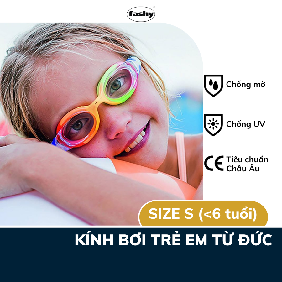 Kính bơi trẻ em nhập khẩu từ Đức, thương hiệu Fashy dòng Match chất lượng Châu Âu, chống mờ, chống tia UV dành cho bé trai, bé gái dưới 6 tuổi
