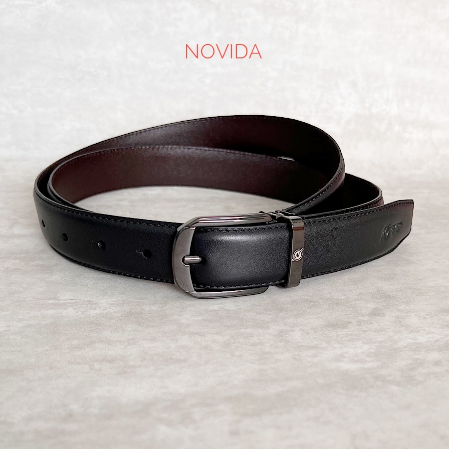 Thắt lưng công sở da bò cao cấp novida, dây thắt lưng nam xỏ kim 3cm - màu đen