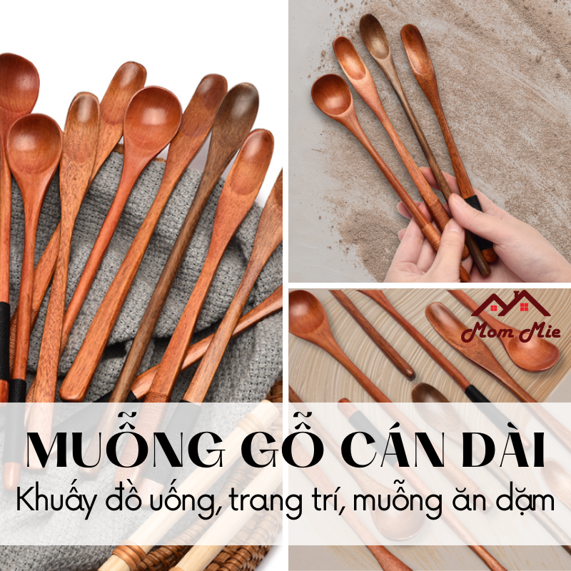 Muỗng gỗ cán dài, muỗng cà phê bằng gỗ, thìa gỗ khuấy cà phê, muỗng thìa ăn dặm cho bé - S102