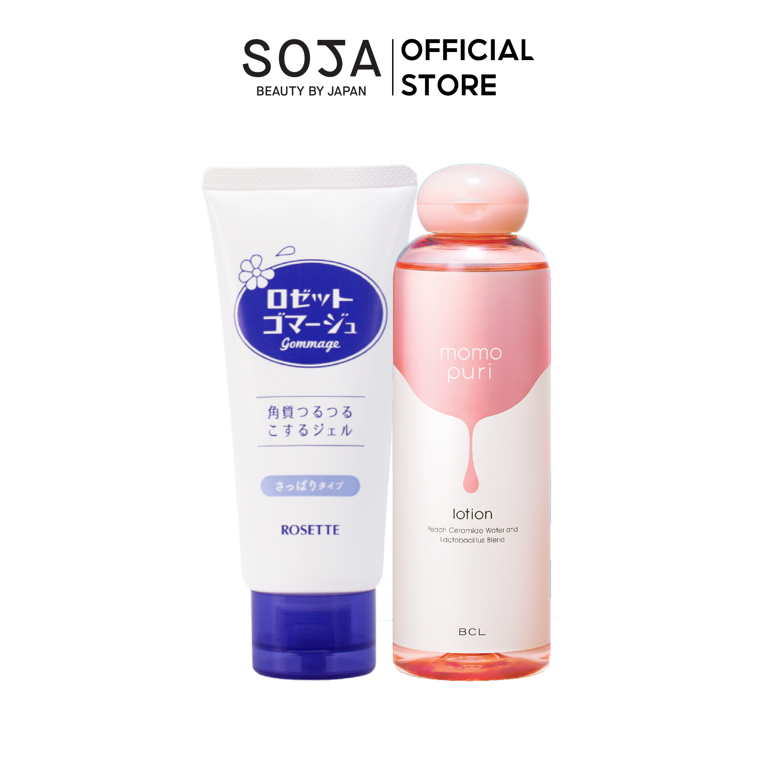 Combo tẩy da chết rosette gommage 180g và nước cân bằng ẩm hương đào momopuri lotion 200ml