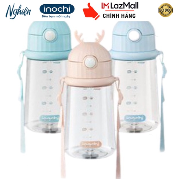 Bình nước Goki Rudy 450ml INOCHI - Bình nhựa Tritan có dây đeo và ống hút cho bé tập uống nước